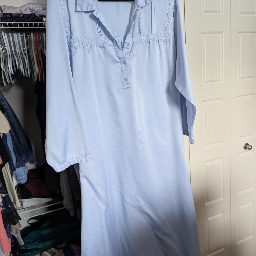 Vintage Satin Like Embroidered Women's Light Blue Nightgown